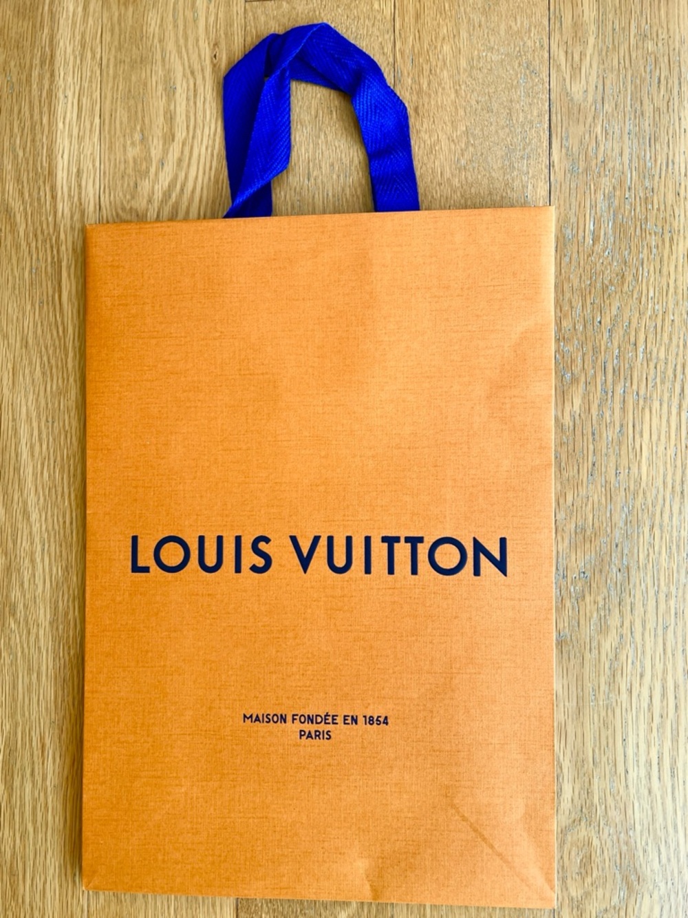 Louis Vuitton Orange Shopping Bag with Blue Ribbon Handles